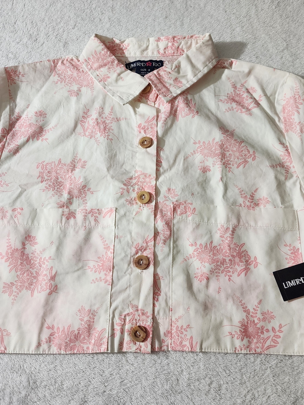 Limited Too Cream Button-Front Top with Pink Floral Print Girls Size 8
